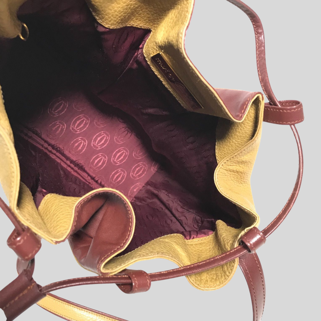 Authentic Pre-loved Cartier Must Line Trinity Drawstring Shoulder Bag - Unique Yellow & Bordeaux Leather! 5