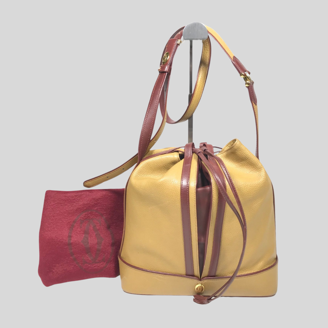 Authentic Pre-loved Cartier Must Line Trinity Drawstring Shoulder Bag - Unique Yellow & Bordeaux Leather! 5