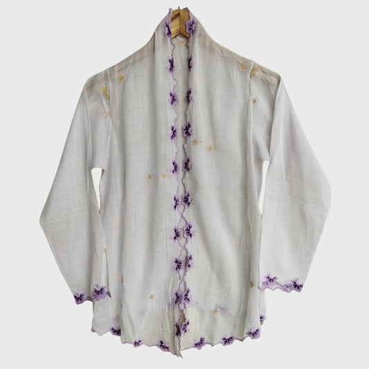 Vintage White Kebaya Voile Purple Embroidery