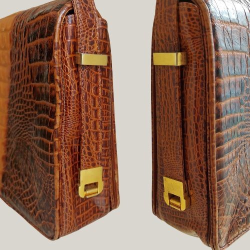 Vintage Croc Texture Brown Leather Shoulder Bag