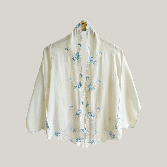 Vintage White Blue Embroidery Encim Kebaya