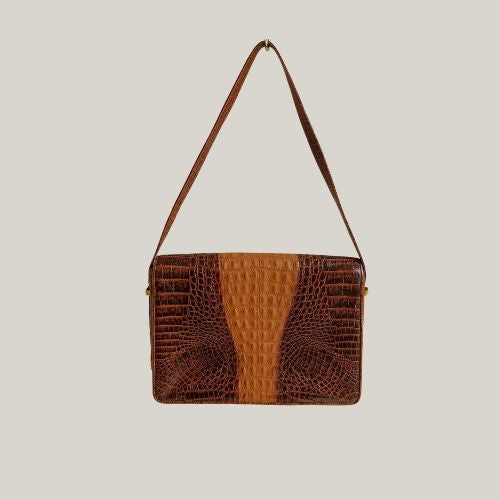 Vintage Croc Texture Brown Leather Shoulder Bag