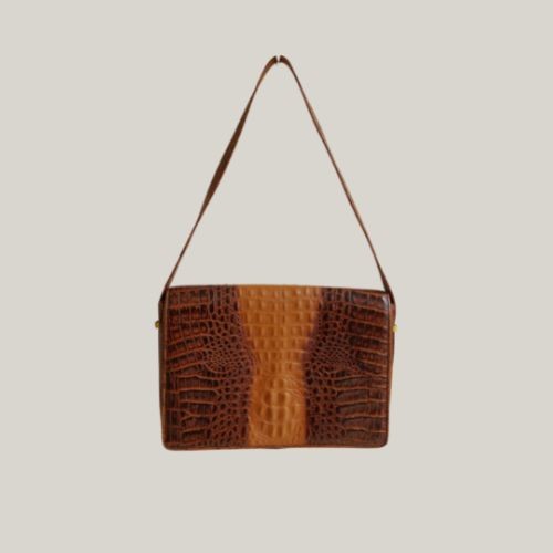 Vintage Croc Texture Brown Leather Shoulder Bag