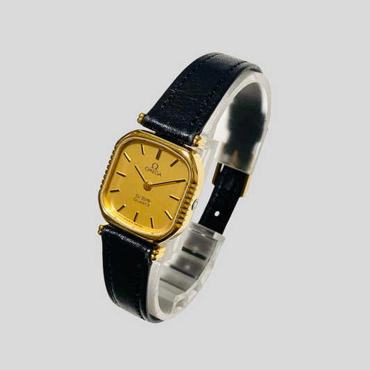 Excellent Condition! Authentic OMEGA De Ville Ladies Quartz Wristwatch - Gold Dial & Genuine Leather Strap! 21