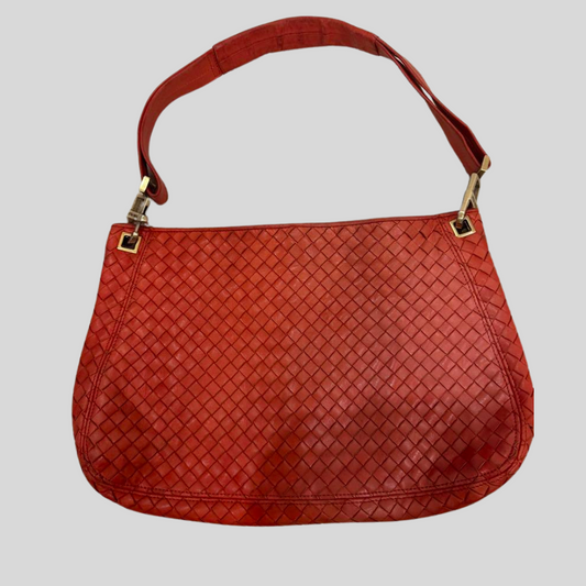 Authentic Pre-loved BOTTEGA VENETA Intrecciato Leather Shoulder Bag - Vibrant Red! 5