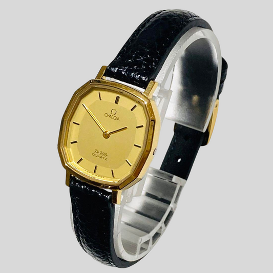 Excellent Condition! Authentic OMEGA De Ville Ladies Quartz Wristwatch - Gold Dial & New Strap! 23