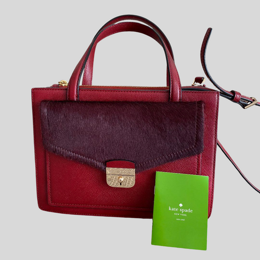 Authentic Pre-loved Kate Spade Bicolor Leather & Pony 2-Way Shoulder Bag - Striking Red with Haircalf! 63