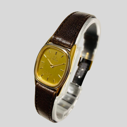 Excellent Condition! Authentic OMEGA De Ville Ladies Quartz Wristwatch - Gold Dial & Genuine Leather Strap! 24