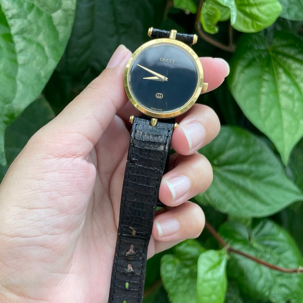 1980s Watch 2000M Gold Accent Black Leather Watch