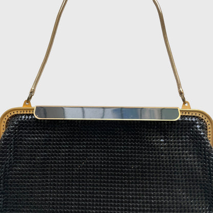 1970s Clam Shell Black Metal Mesh Hand Bag