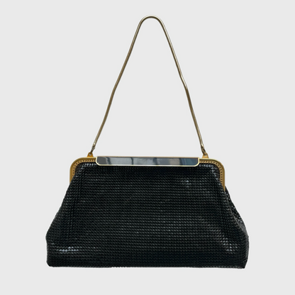 1970s Clam Shell Black Metal Mesh Hand Bag