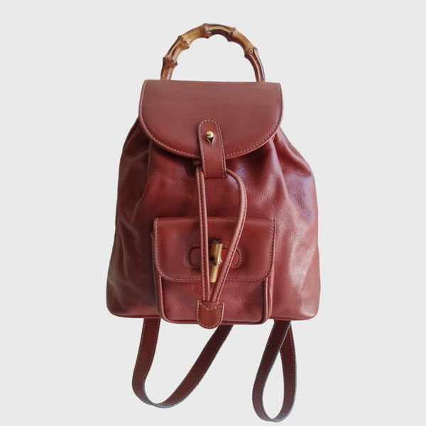 1990s Bamboo Single Pocket Brown Leather Backpack