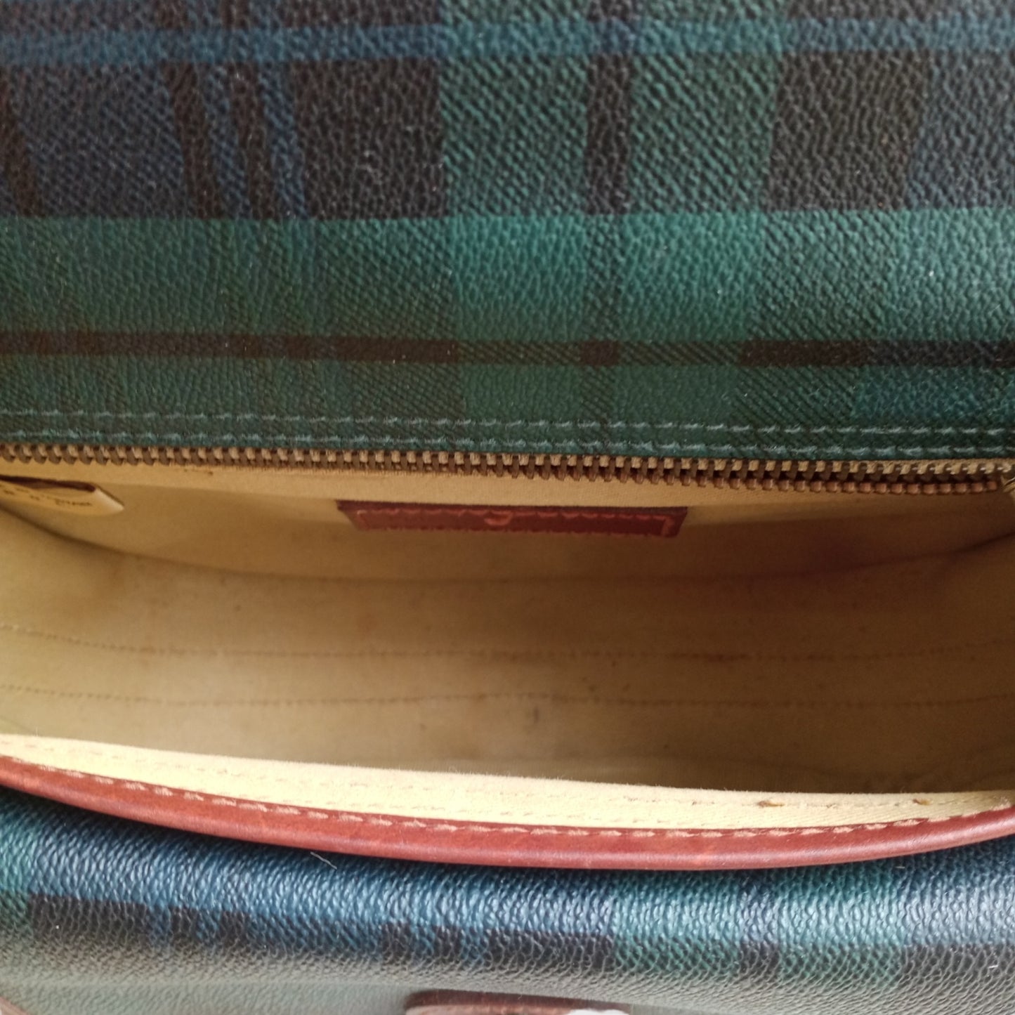 1990s Plaid Pattern Green Brown Leather Sling Bag