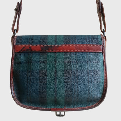 1990s Plaid Pattern Green Brown Leather Sling Bag