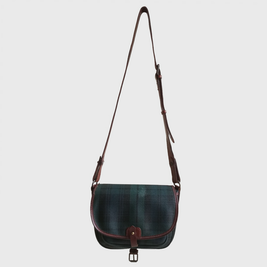 1990s Plaid Pattern Green Brown Leather Sling Bag