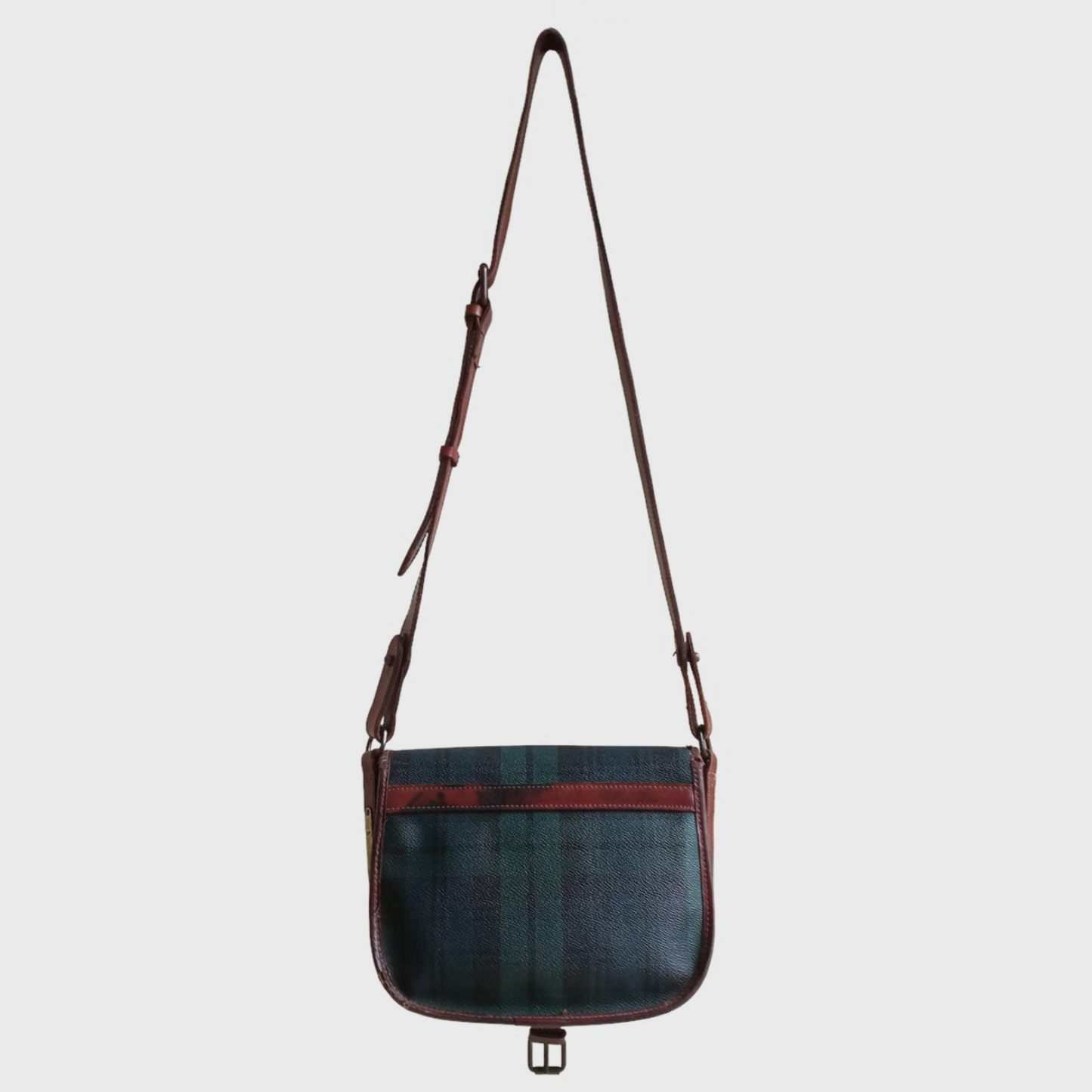 1990s Plaid Pattern Green Brown Leather Sling Bag