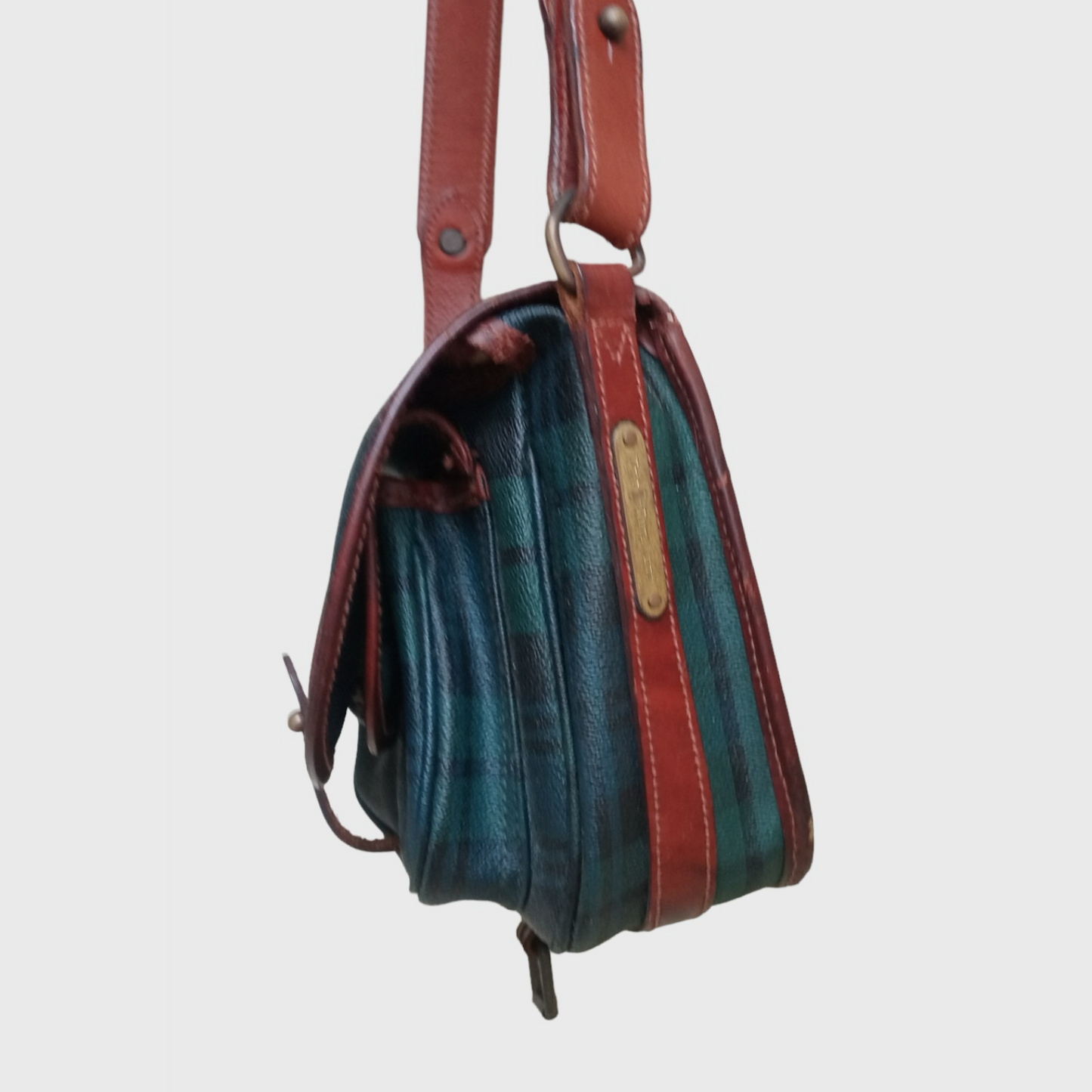 1990s Plaid Pattern Green Brown Leather Sling Bag