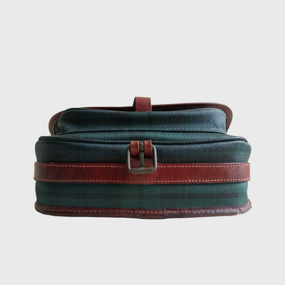 1990s Plaid Pattern Green Brown Leather Sling Bag