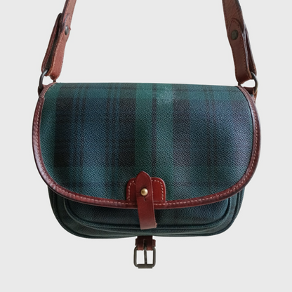 1990s Plaid Pattern Green Brown Leather Sling Bag