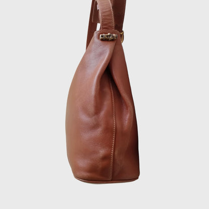 1970s Camel Bamboo Brown Leather Sling Bag