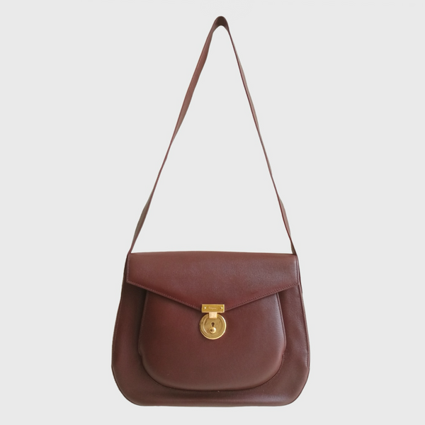 1990s Gold Tone Lock Dark Brown Leather Shoulder Bag