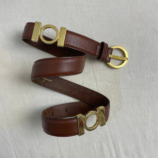 1990s Circle Gold Tone Brown Leather Belt