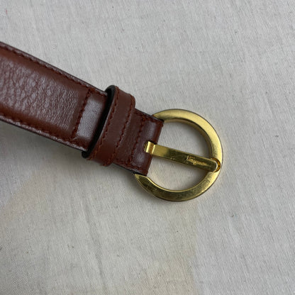 1990s Circle Gold Tone Brown Leather Belt