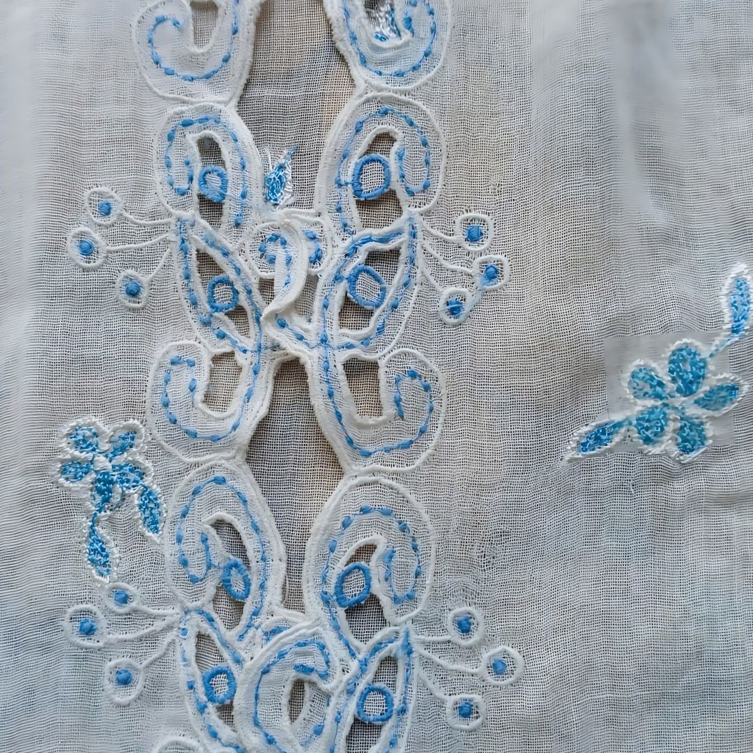 Vintage Broken White with Paisley Blue Embroidery