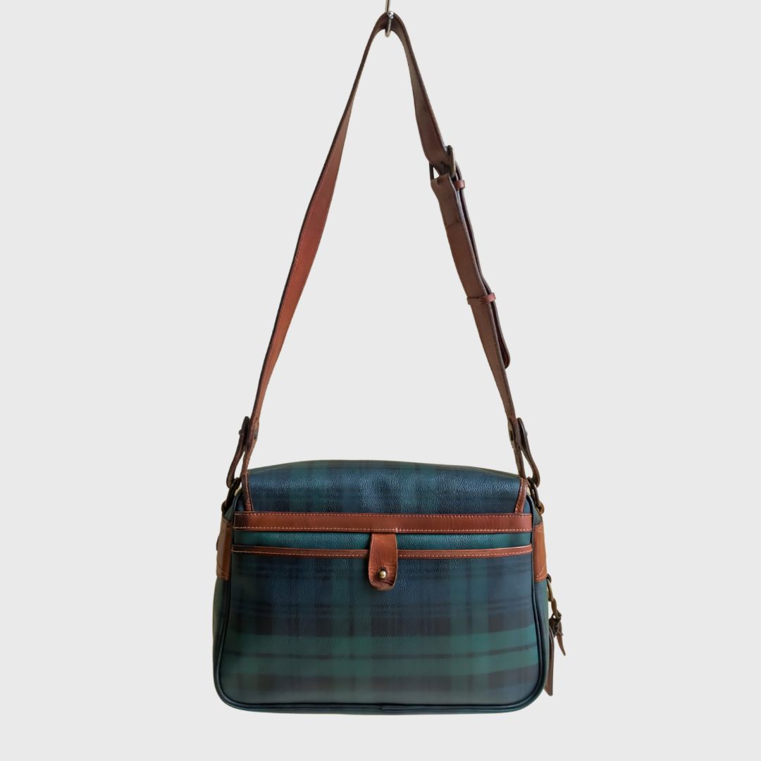 Vintage Plaid Pattern Navy Blue Leather Messenger Bag