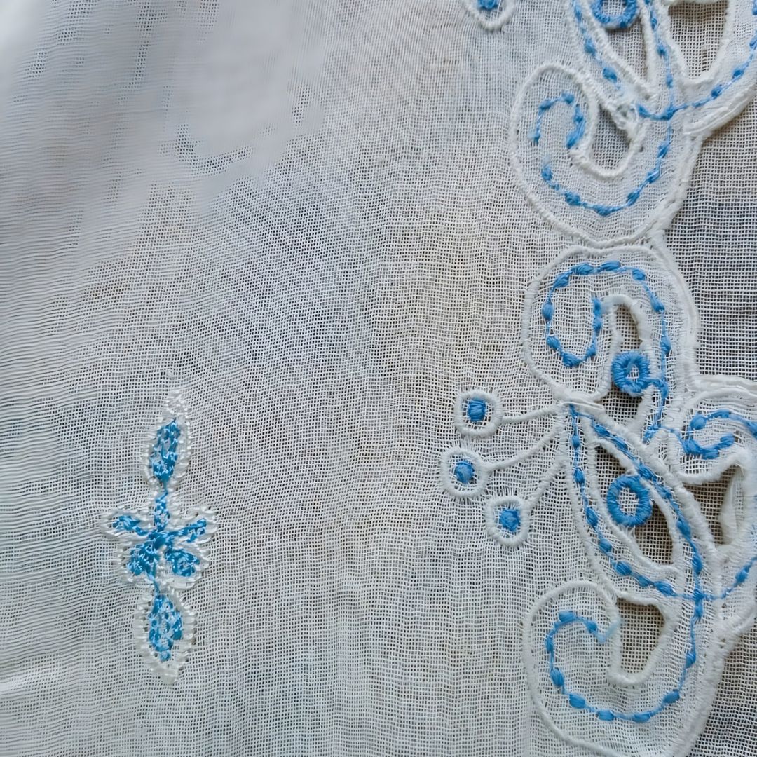 Vintage Broken White with Paisley Blue Embroidery