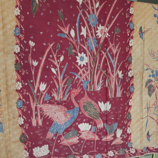 Vintage Indonesian Hand Drawn Batik Saroong Dutch Motif (Belanda) in Brick Red with Flamingo and Lillies