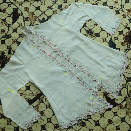 Vintage Broken White Indonesian Kebaya with Pink Floral Kerancang Embroidery