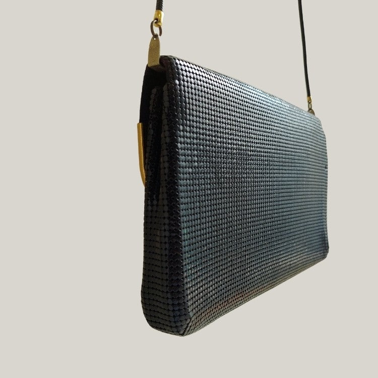 Vintage Envelope Gold Tone Black Metal Mesh Sling Bag