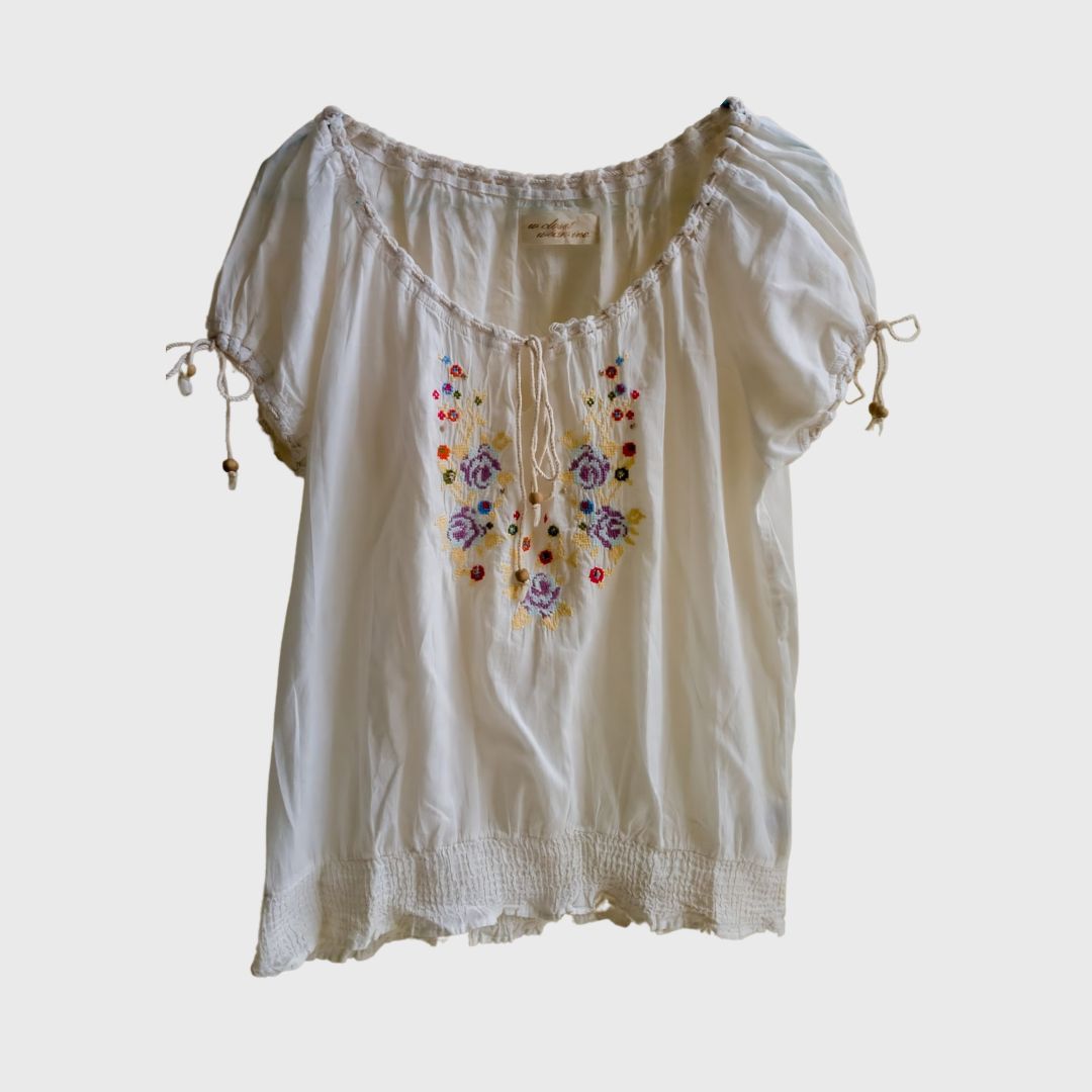 Vintage Short Sleeve Bohemian Yellow Purple Embroidery Blouse