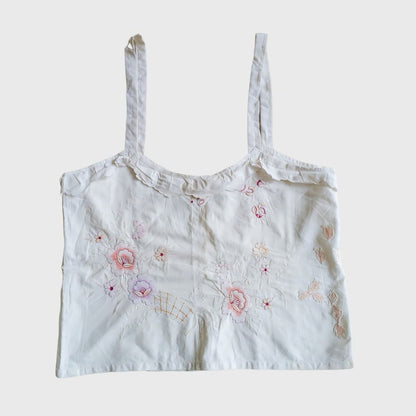 Vintage Broken White Camisole With Pink Rose Embroidery