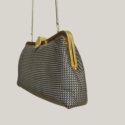 Vintage Gold Tone Kiss Lock Gray Metal Mesh Sling Bag