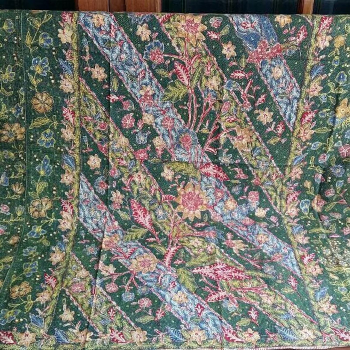 Vintage old wax resist hand drawn Indonesian Batik Sarung Fresh Green from 70s