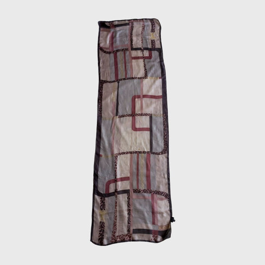 1990s Geometric Detail Silk Brown Scarf