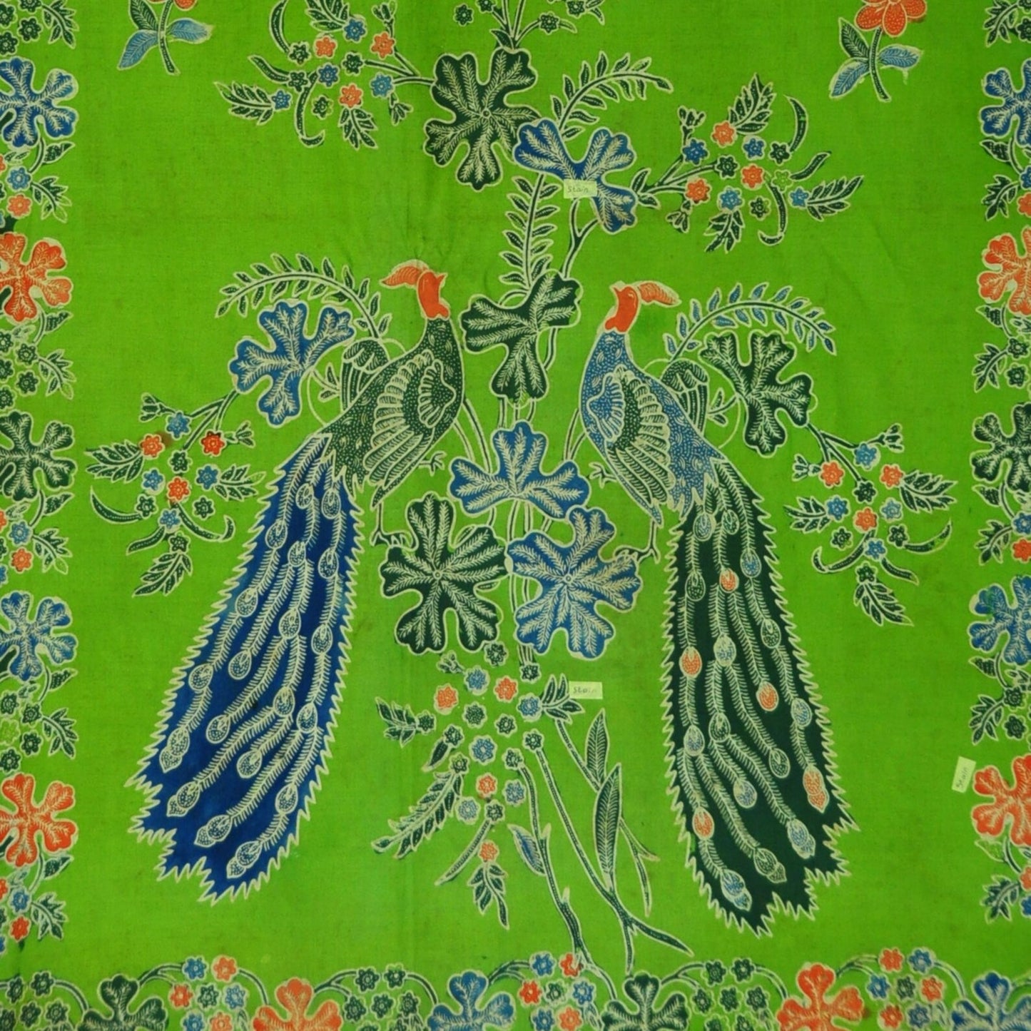 Vintage One Pair Indonesian Sarong and Shawl Hand Drawn Green Batik Pekalongan Kedungwuni Motif