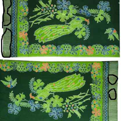 Vintage One Pair Indonesian Sarong and Shawl Hand Drawn Green Batik Pekalongan Kedungwuni Motif