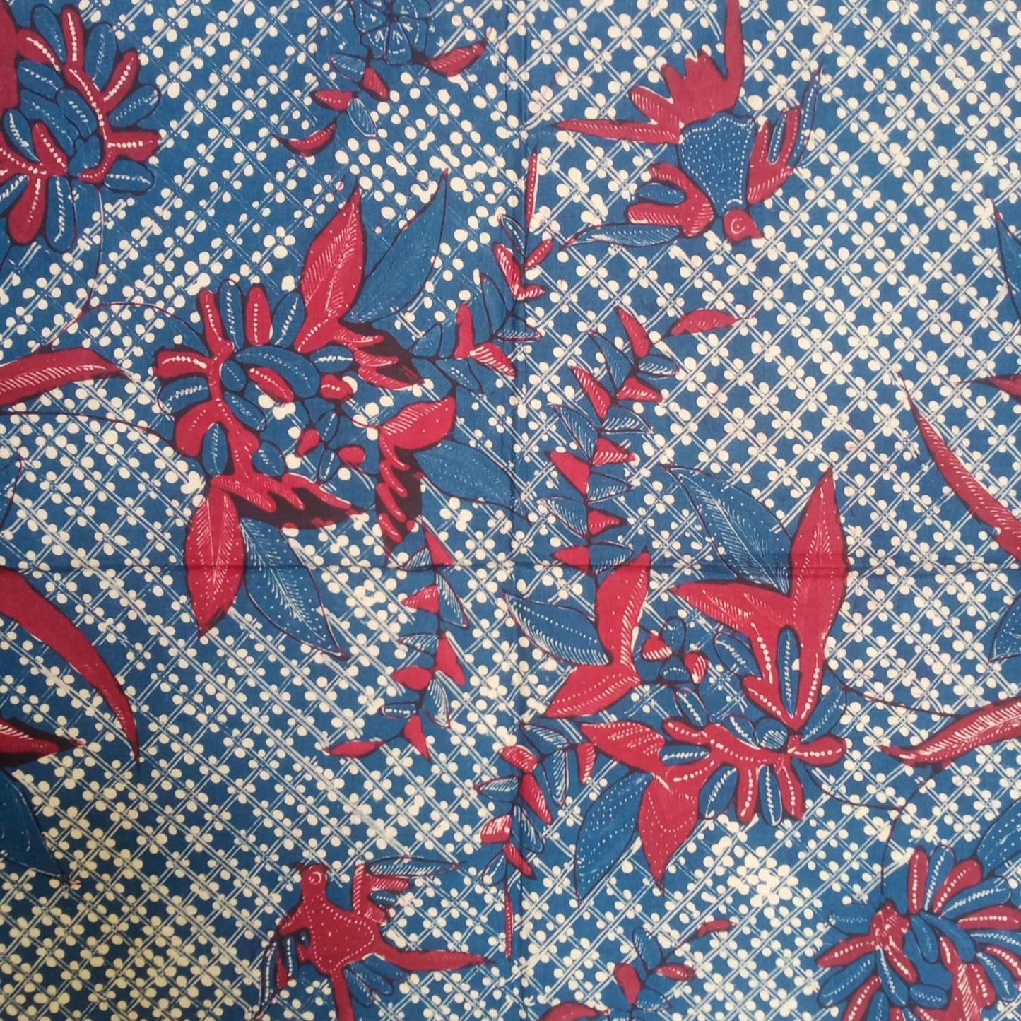 1980s Tumpal Pasung Red Blue Clover Leaf Motif Saroong Shawl