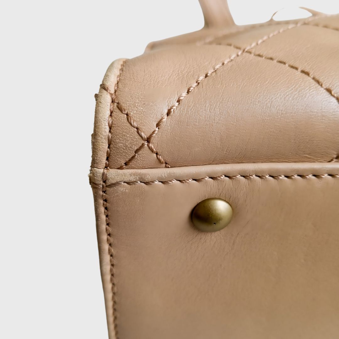 Vintage Quilted Diagonal Taupe Leather Shoulder Bag