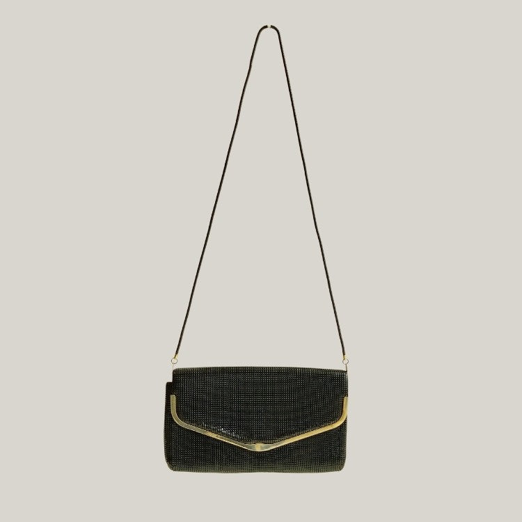 Vintage Envelope Gold Tone Black Metal Mesh Sling Bag