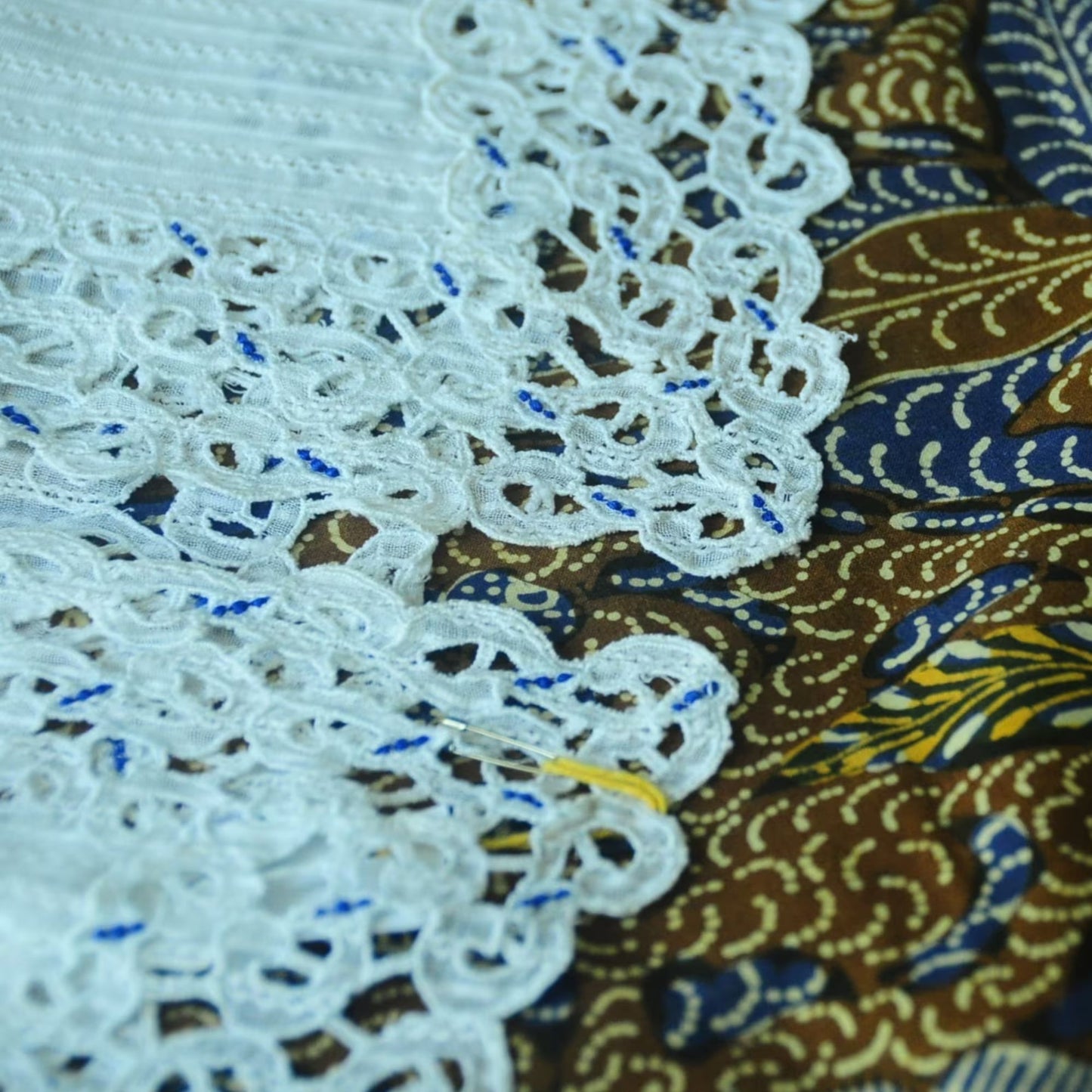 Vintage White Indonesian Kebaya with Diamond Embroidery Stripes Pattern and Blue Dots Kerancang Embroidery