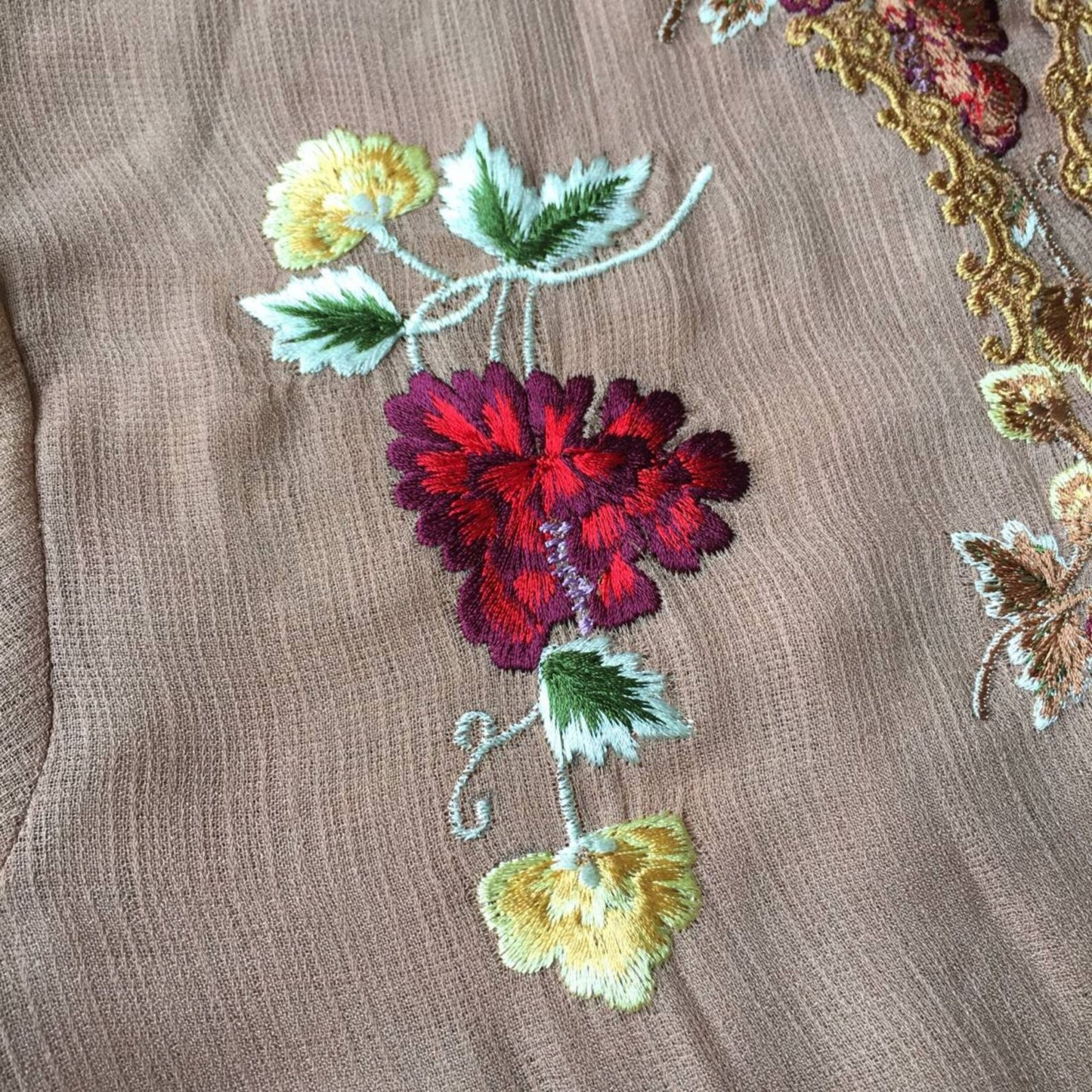 Vintage Inspired Peanut Brown Indonesian Kebaya with Red Seruni Flower Embroideries