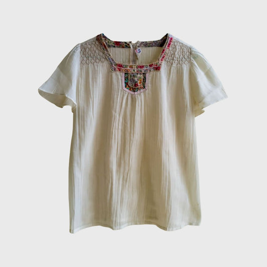 Vintage Short Sleeve Bohemian Pink Embroidery Blouse