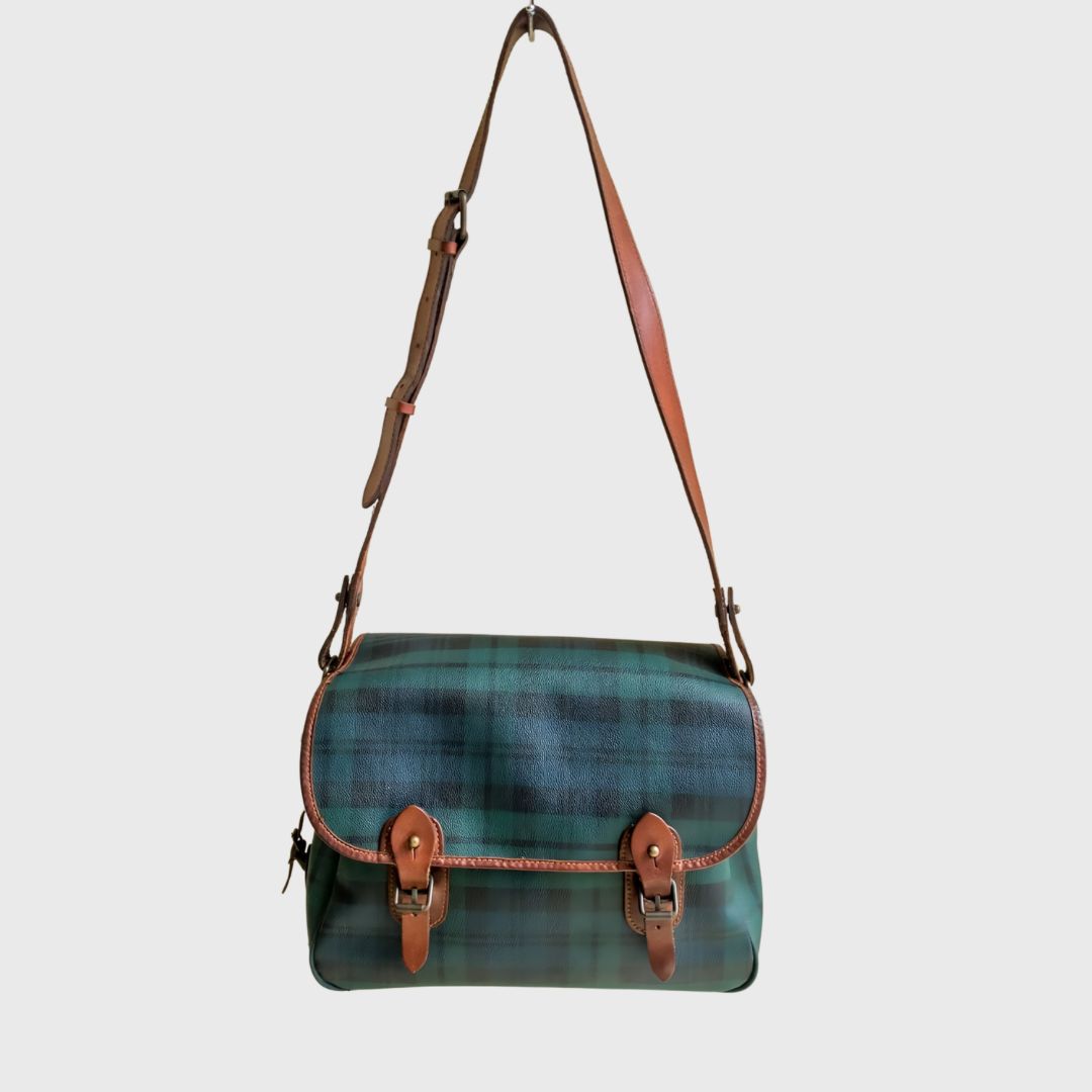 Vintage Plaid Pattern Navy Blue Leather Messenger Bag