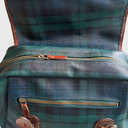 Vintage Plaid Pattern Navy Blue Leather Messenger Bag