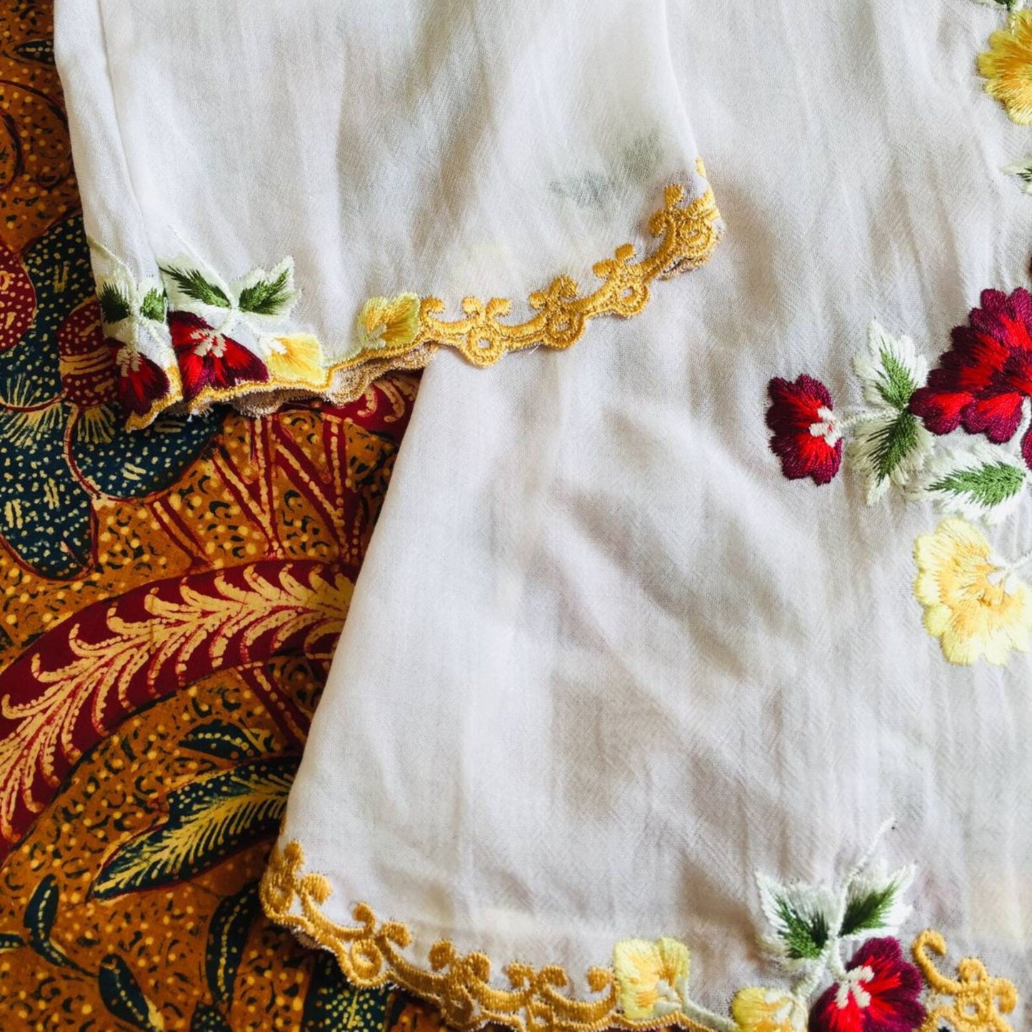 Vintage Inspired White Indonesian Kebaya with Red Seruni Flower Embroideries