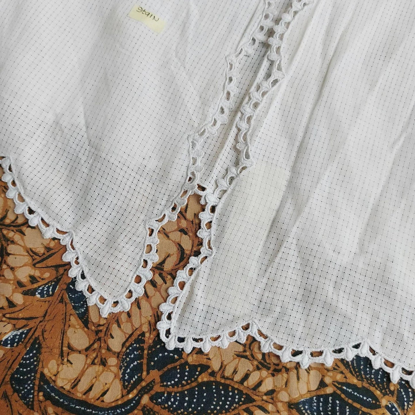Vintage Ivory Indonesian Kebaya with Plaid Motif and Flowers Embroidery